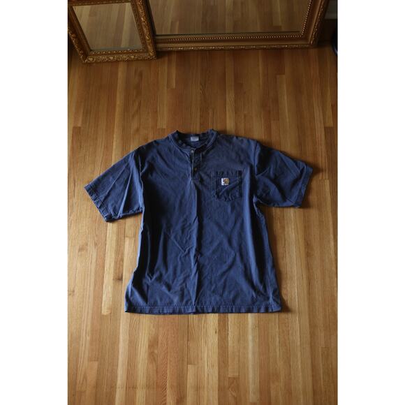 VINTAGE y2k 90s Carhartt Navy Pocket tee Henley 100% buttons size L - Picture 1 of 3
